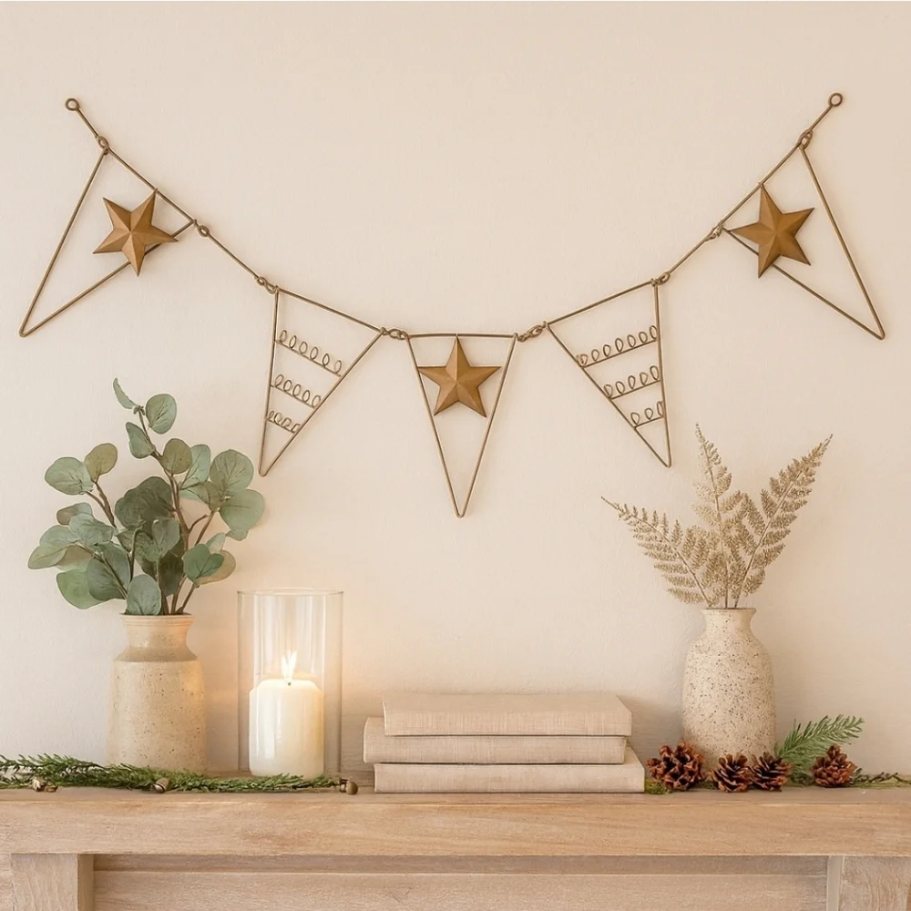 Creative Co-Op 35.5” Metal Banner Garland Antique Brass Stars Farmhouse Holiday